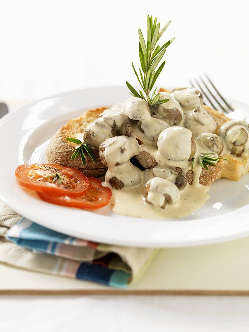 Champignons in Rahmsauce auf getoasteten Weissbrotscheiben