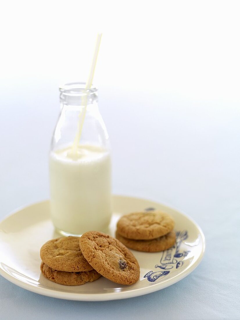 Ginger biscuits with raisins, a bottle of milk with a straw