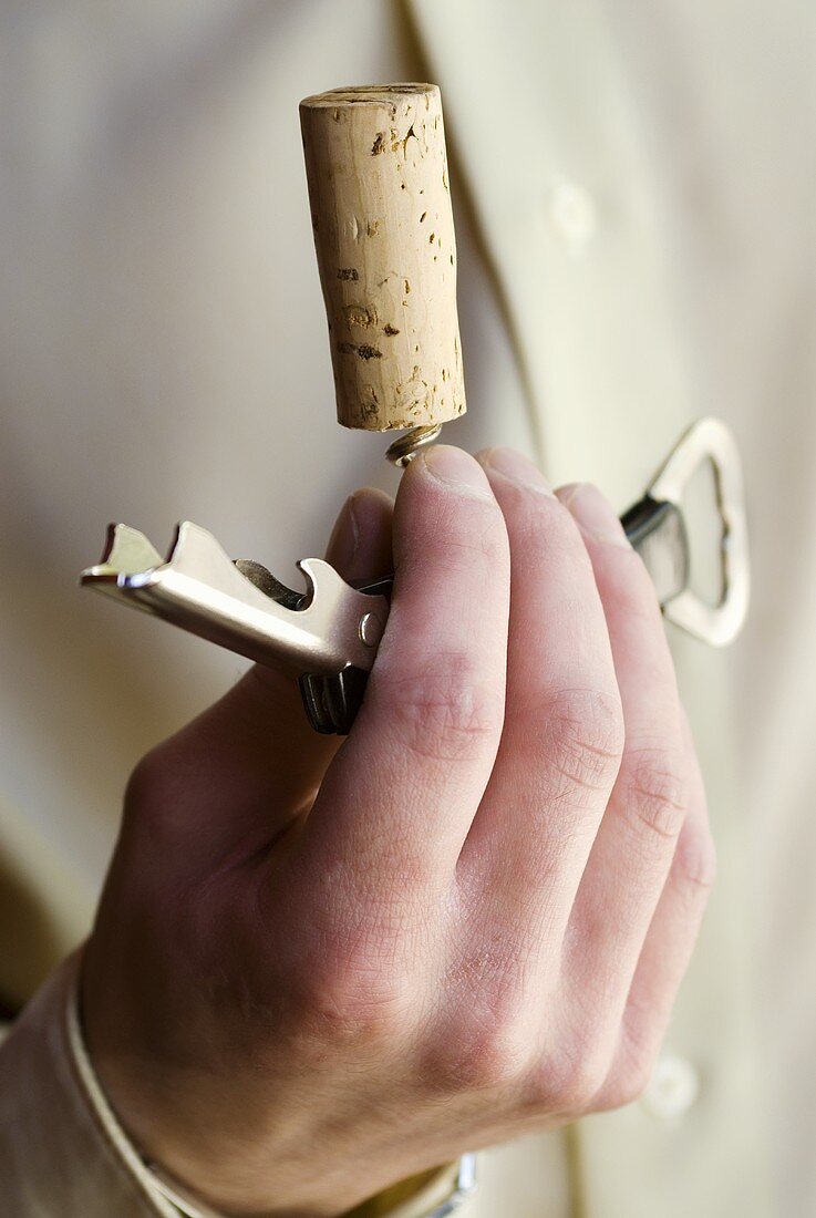 Man holding a wine cork on a corkscrew
