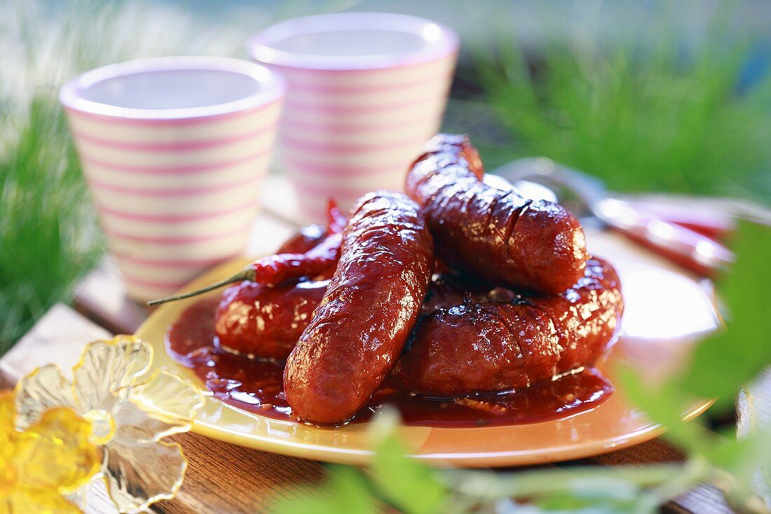 Grilled sausages with chilli sauce