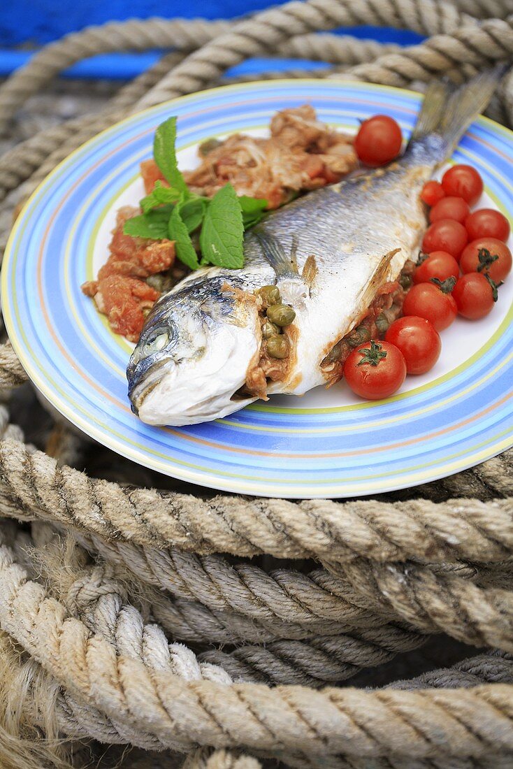 Stuffed bass with tomatoes and capers on a rope