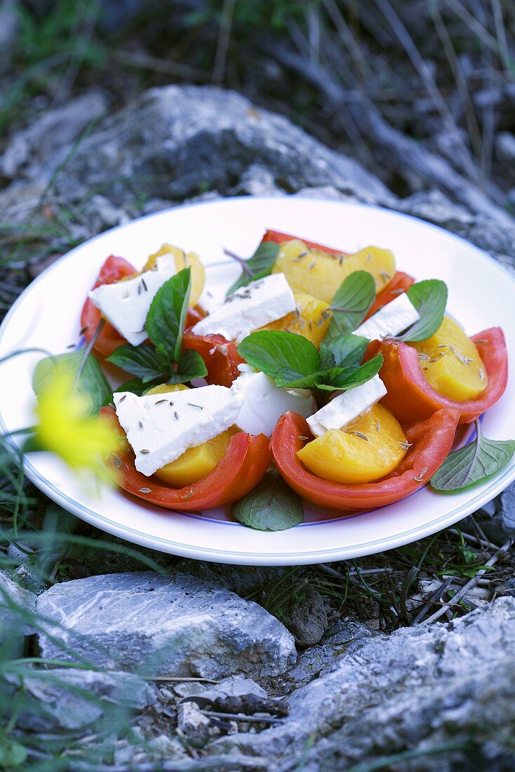 Tomaten-Pfirsich-Salat mit Feta im Freien auf Steinen