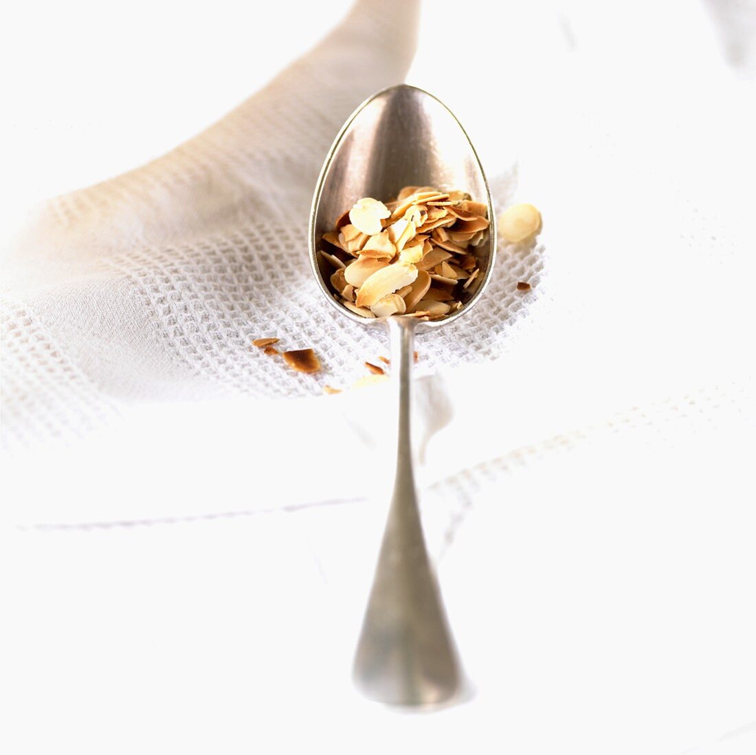 Toasted flaked almonds on a spoon