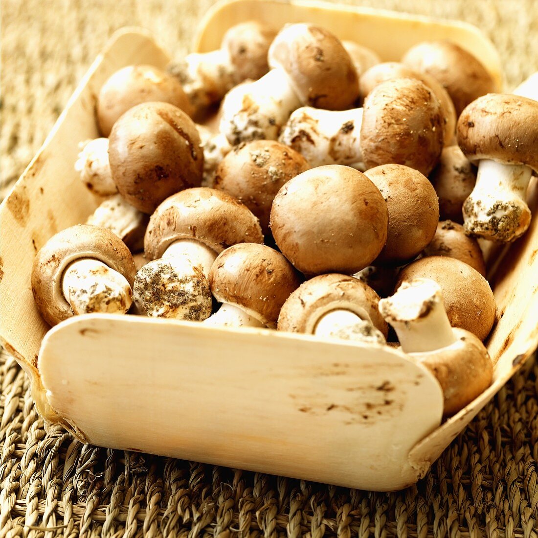 Fresh, dirty chestnut mushrooms in a wooden box