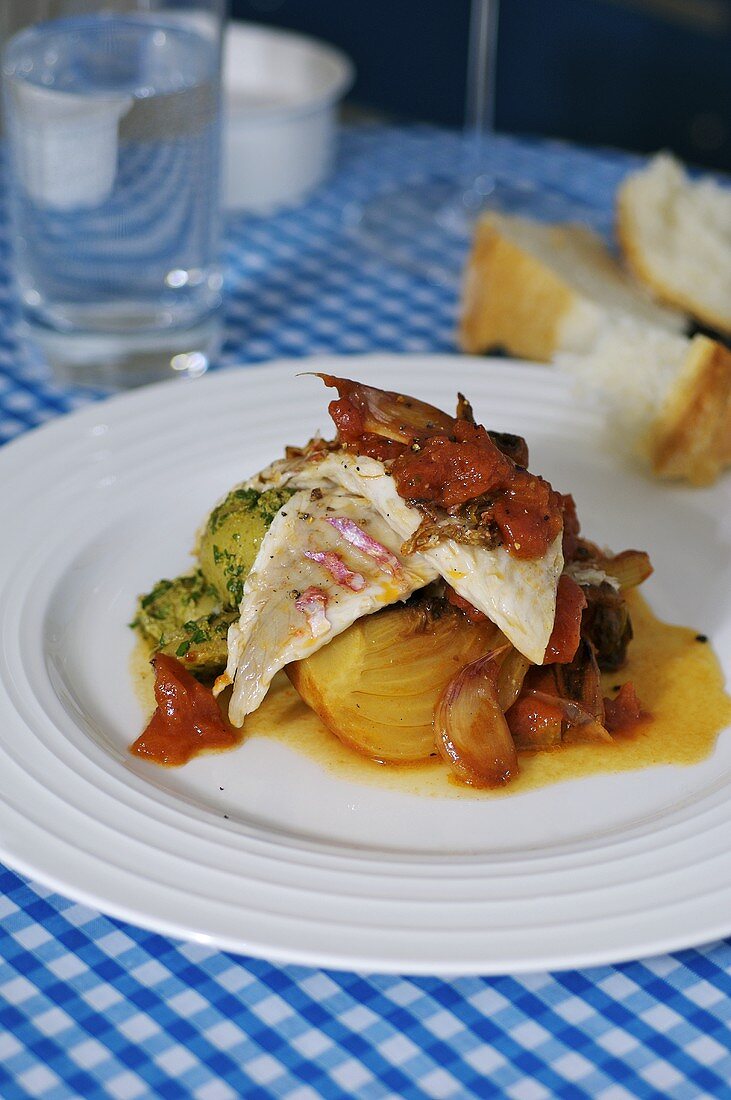 Red mullet on fennel in wine sauce with potatoes
