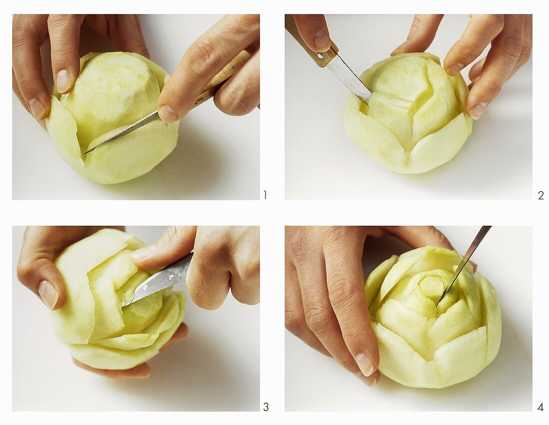 Carving a flower out of a kohlrabi