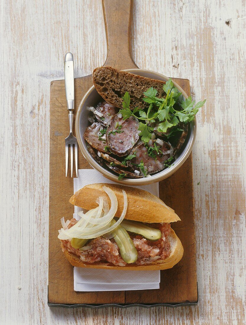 Marinated liver sausage and minced pork in bread roll