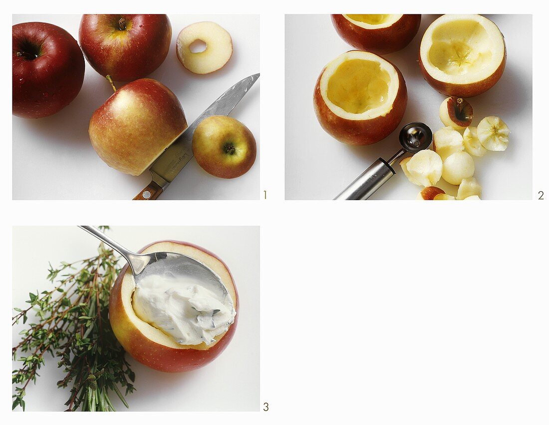 Apfel aushöhlen, mit Frischkäse füllen: Vorspeisen-Garnitur