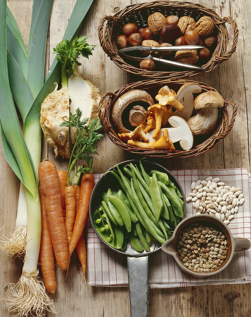 Still life: vegetables, pulses, mushrooms and nuts