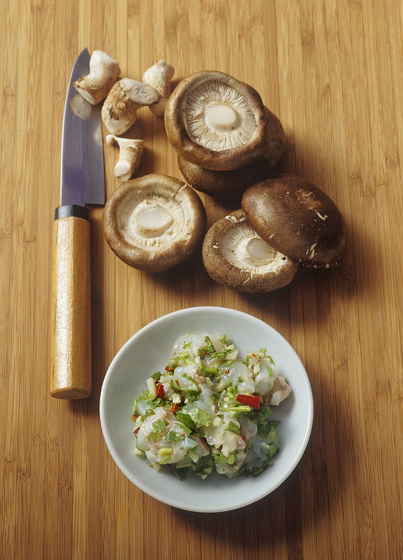 Stuffing & shiitake mushrooms for making stuffed mushrooms