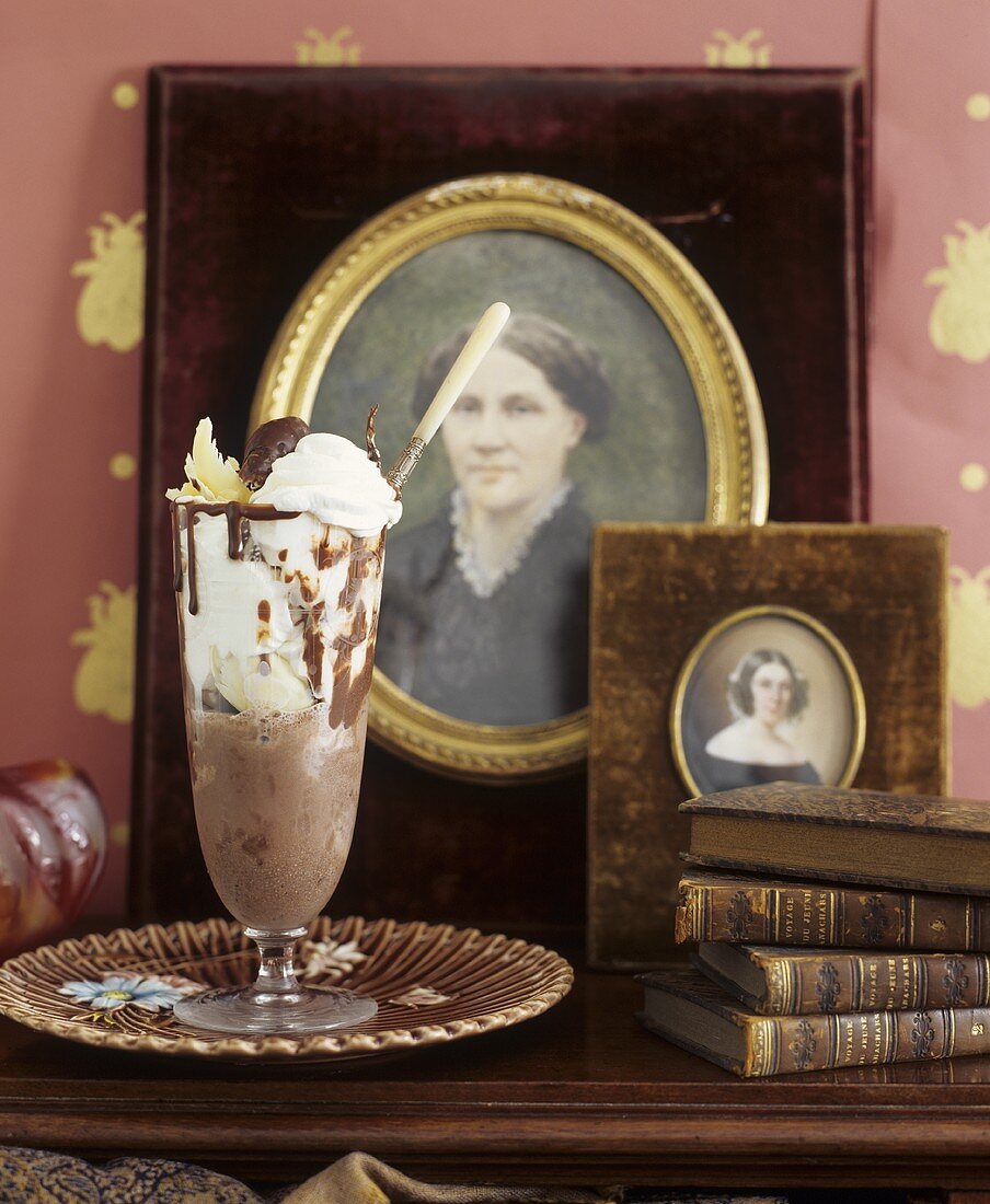 Chocolate milk with ice cream & cream, pictures, books