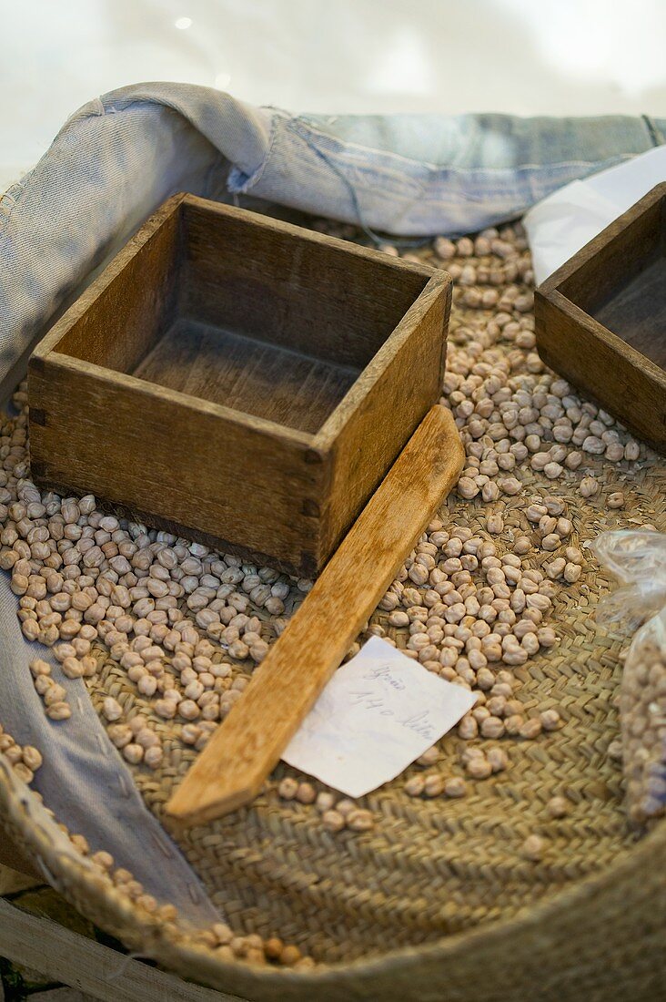 Dried beans in a bast basket