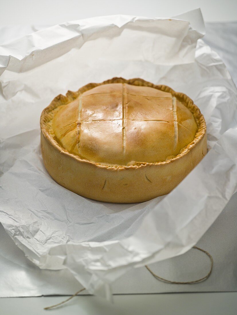 Meat pie, unwrapped on paper