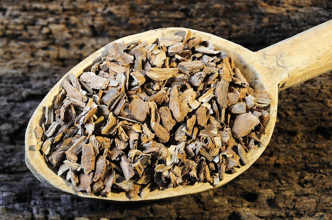 Wolfberry bark on a wooden spoon
