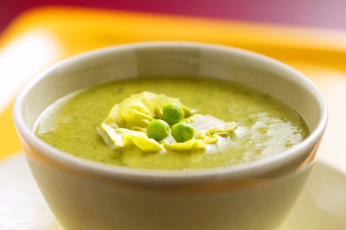 Lettuce soup with mangetout