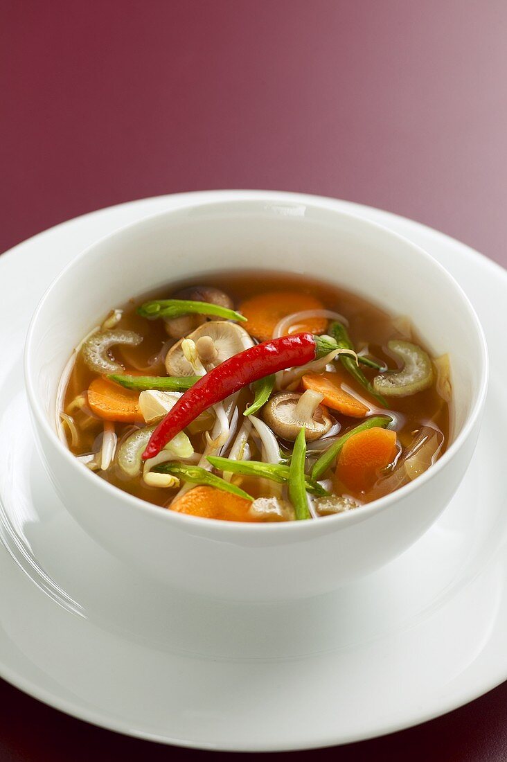 Asian vegetable soup with soya sprouts & shiitake mushrooms