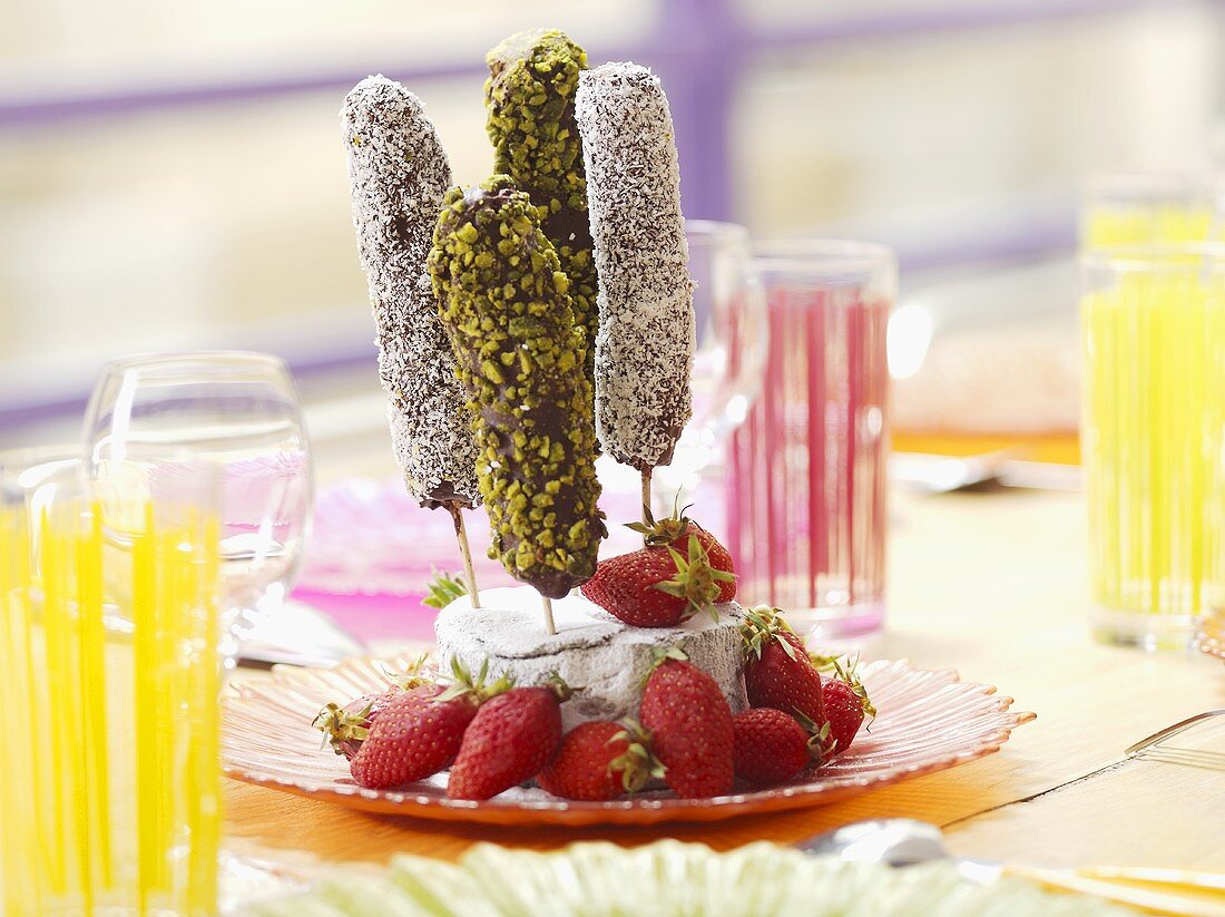 Chocolate-coated ice creams with pistachios & coconut on sticks
