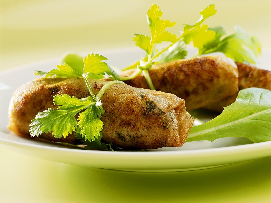Deep-fried filo pastry rolls filled with tuna & soft cheese