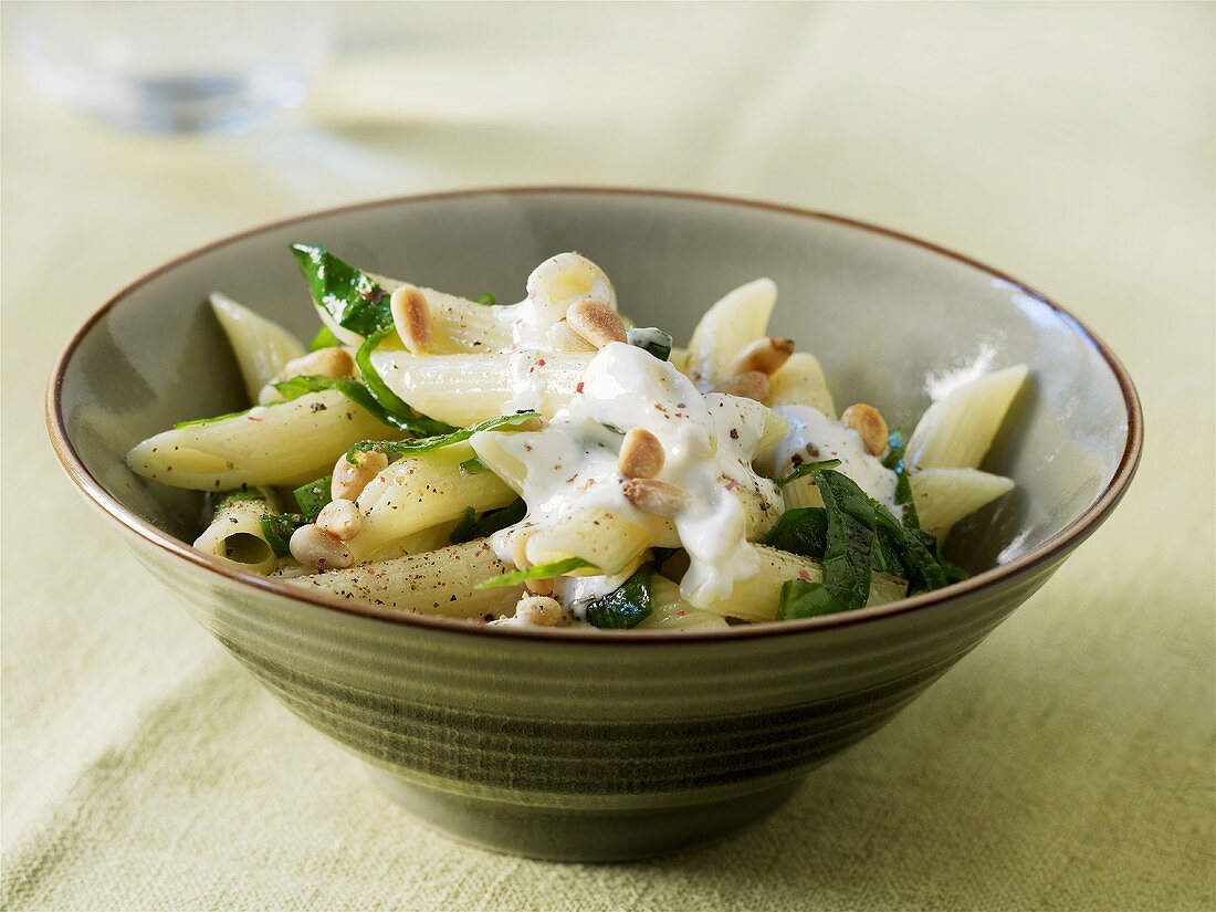 Penne Rigate mit Spinat, Pinienkernen und Ziegenfrischkäse