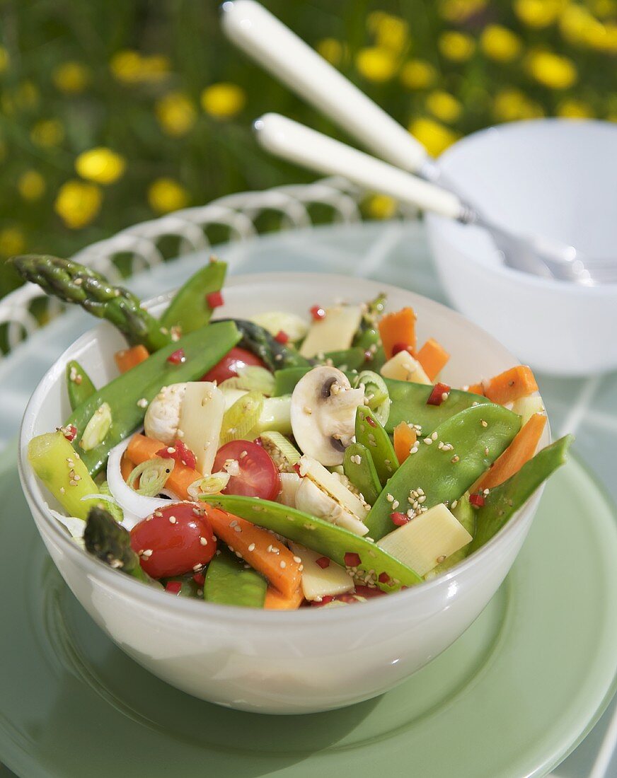 Asian vegetable salad with sesame dressing out of doors