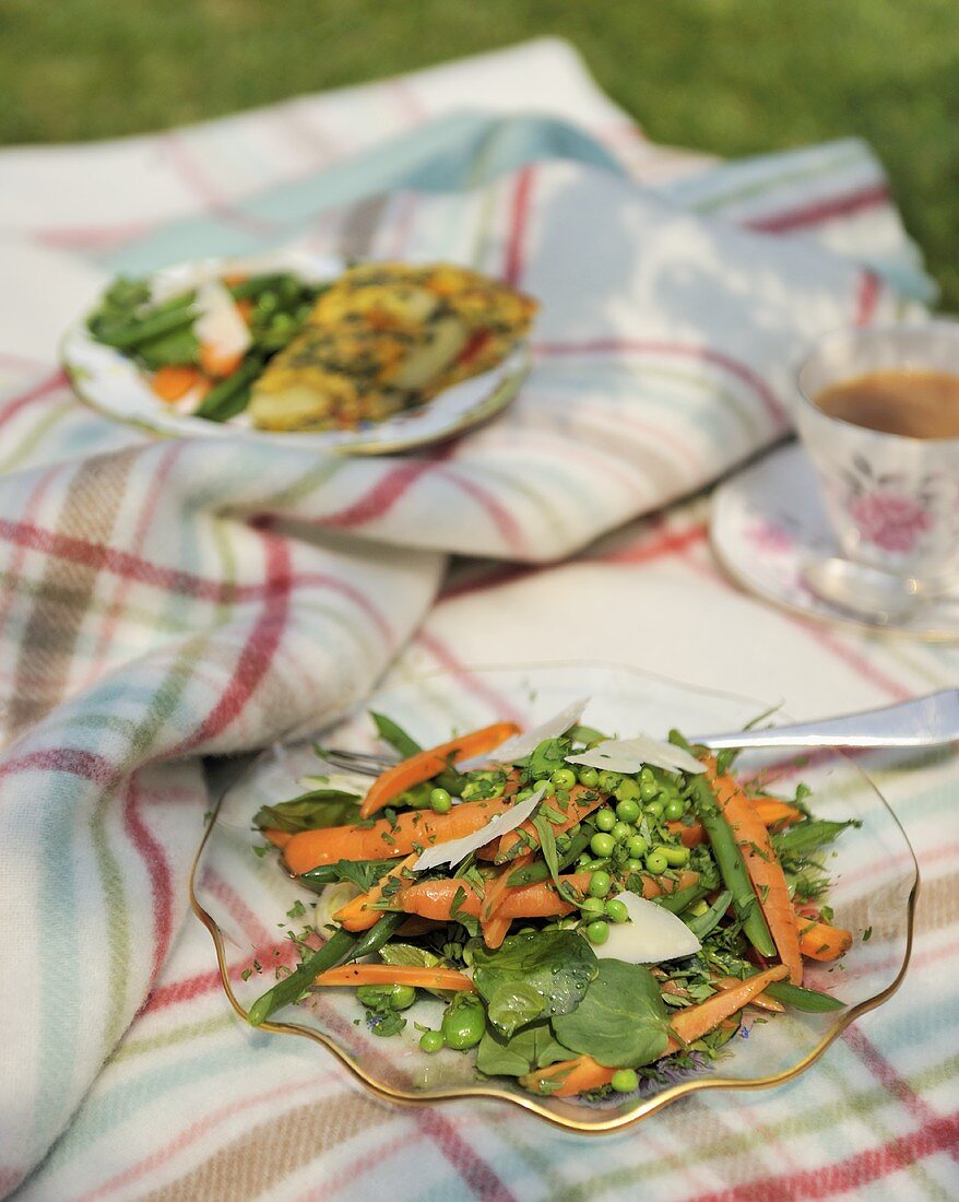 Salad of young vegetables, herbs and Parmesan for a picnic