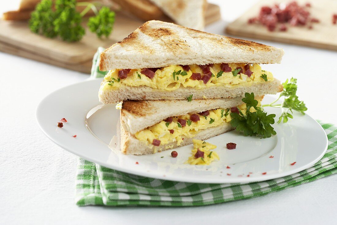Scrambled egg and salami sandwiches