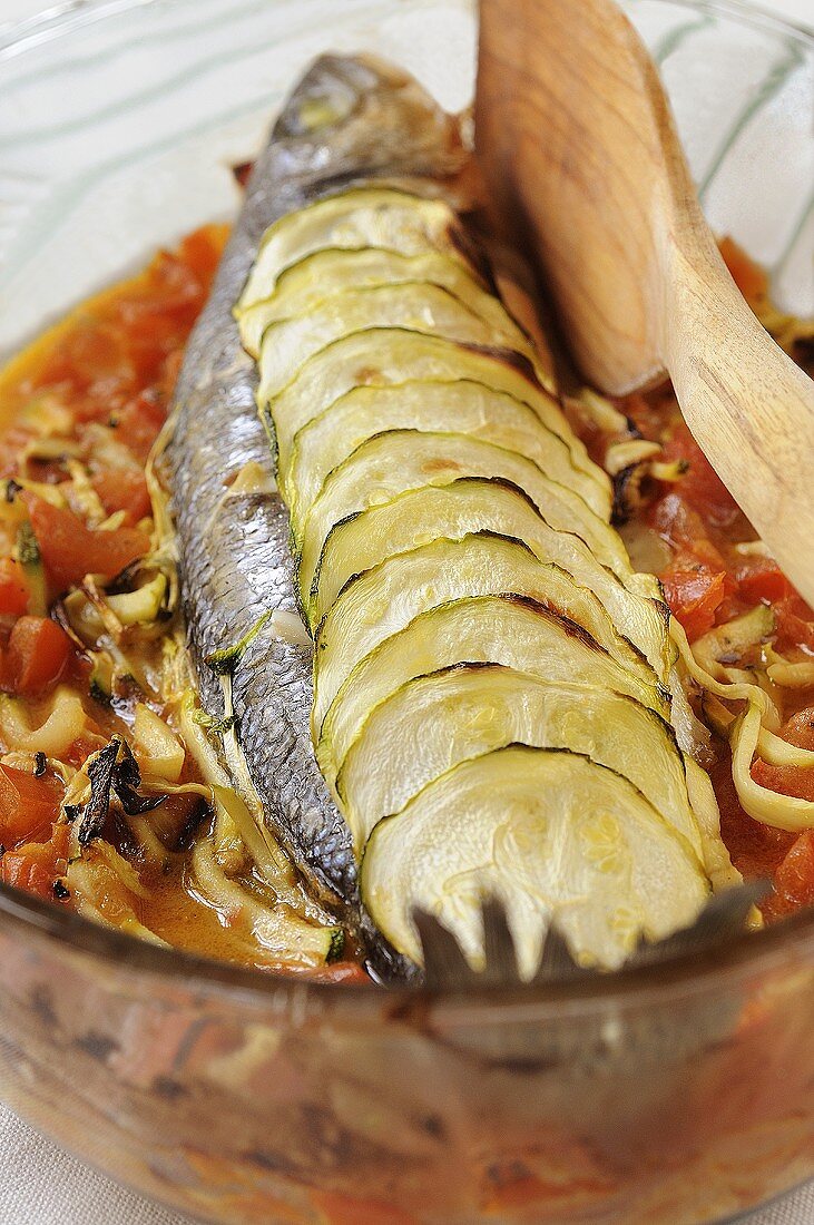 Roasted bass with Provençal vegetables