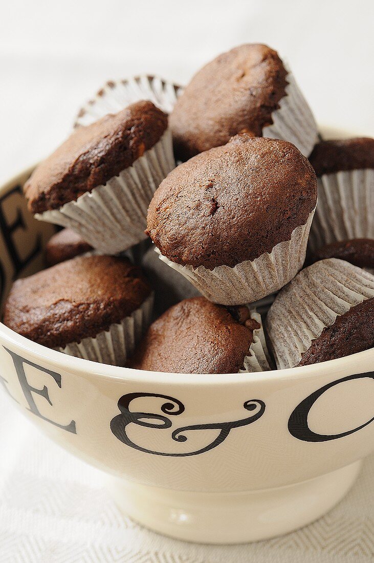 Mini chocolate muffins in paper cases in a bowl