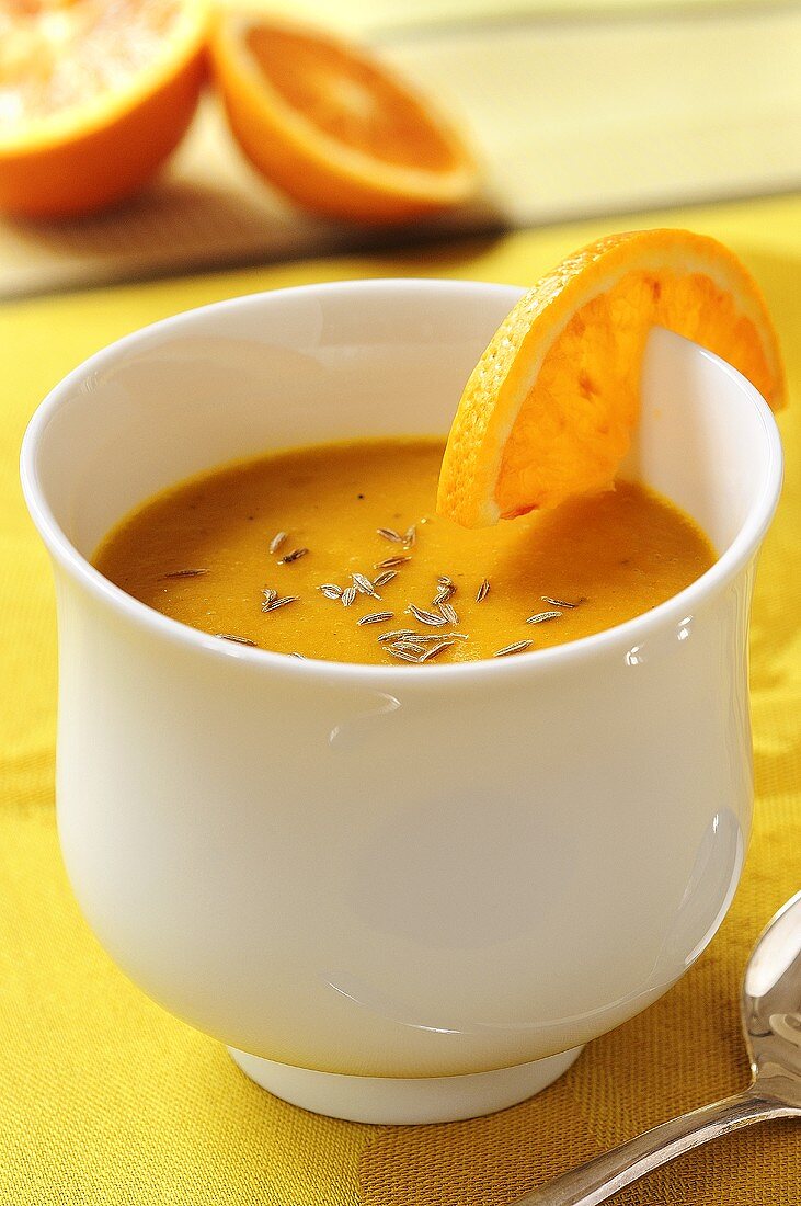Pumpkin and carrot soup with orange and cumin