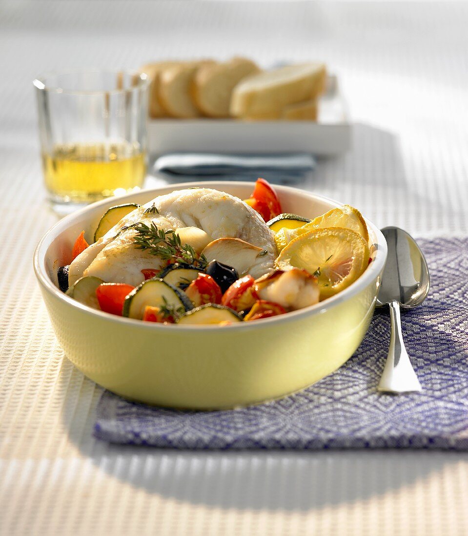Oven-baked monkfish with Mediterranean vegetables