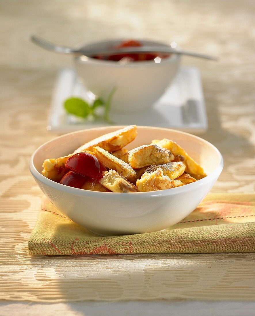Kaiserschmarrn (shredded pancakes) with plum compote