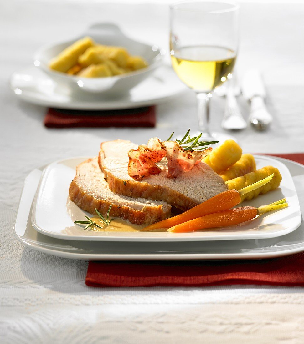 Turkey with white wine & orange sauce, carrots & potato croquettes