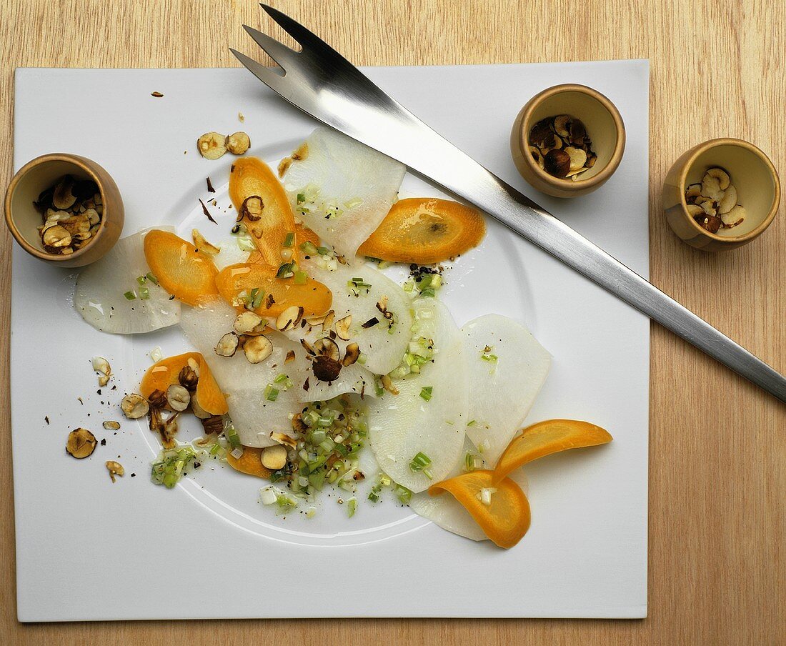 Turnip and carrot carpaccio with nut dressing