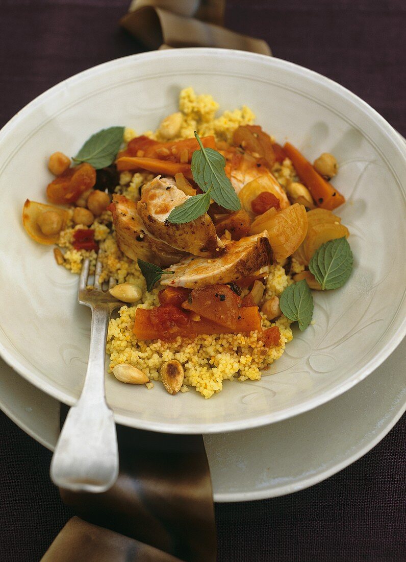 Chicken & vegetable stir-fry with dried fruit, couscous, mint