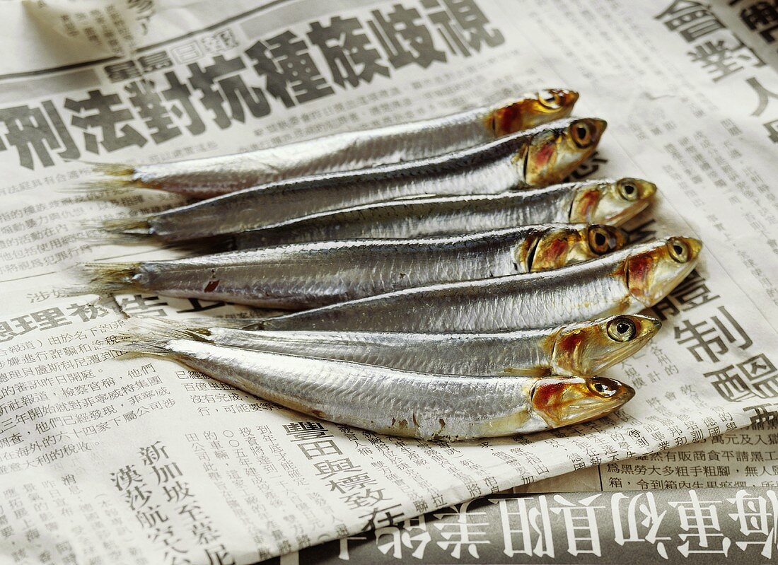 Seven sardines on Chinese newspaper