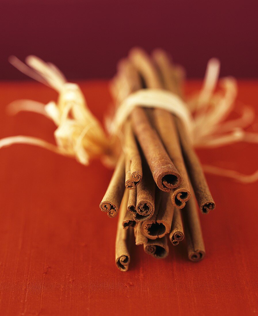 Several cinnamon sticks tied together with raffia