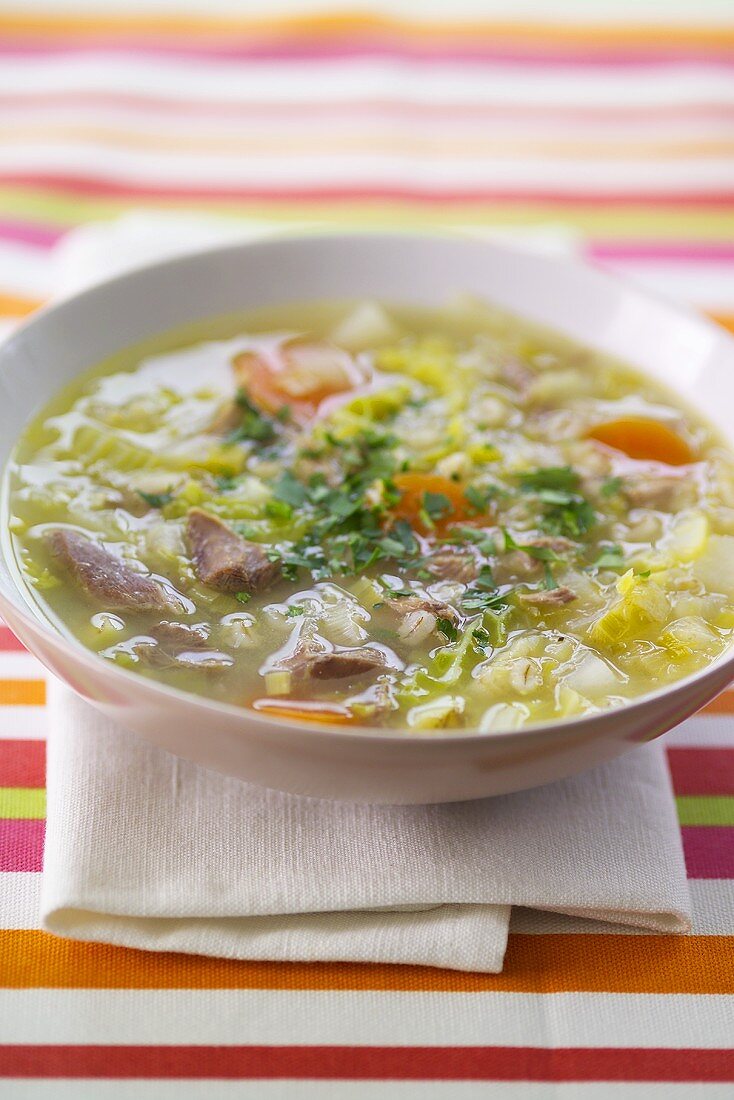 Barley and vegetable soup with added meat