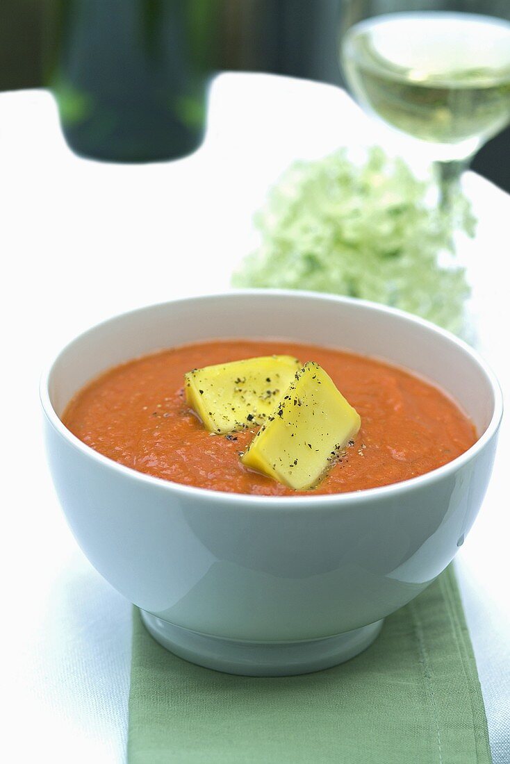Cold tomato soup with olive oil ice cubes