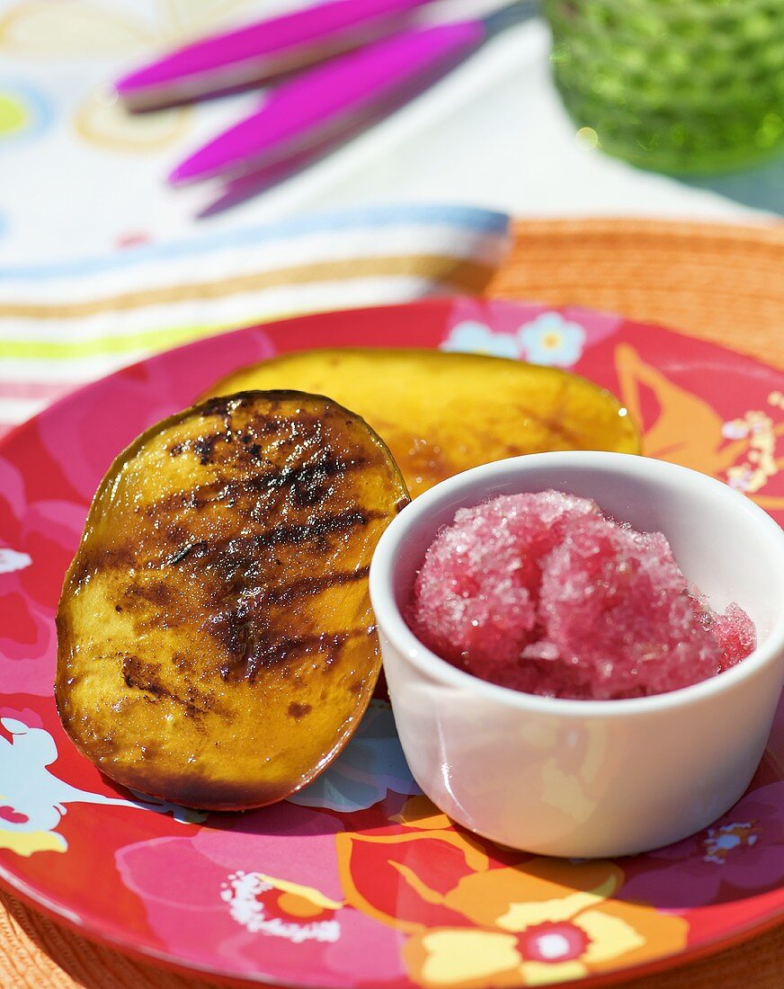 Grilled mango with pomegranate sorbet