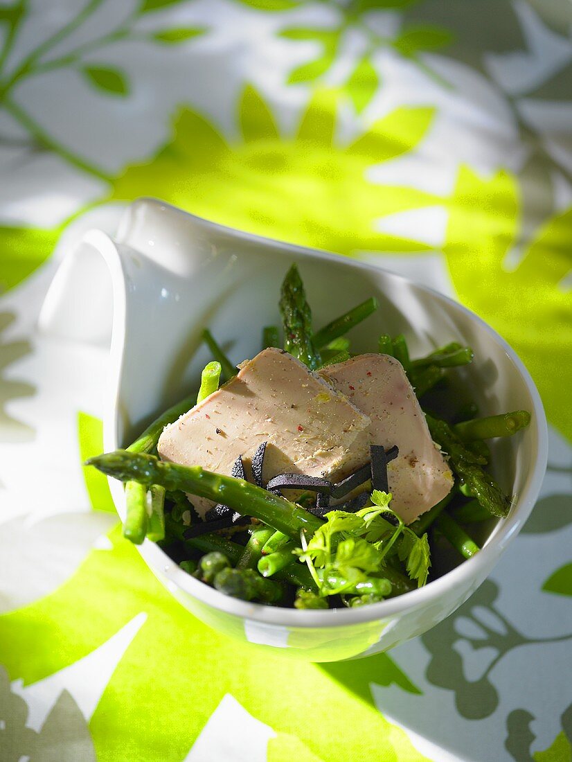 Green asparagus and bean salad with goose liver