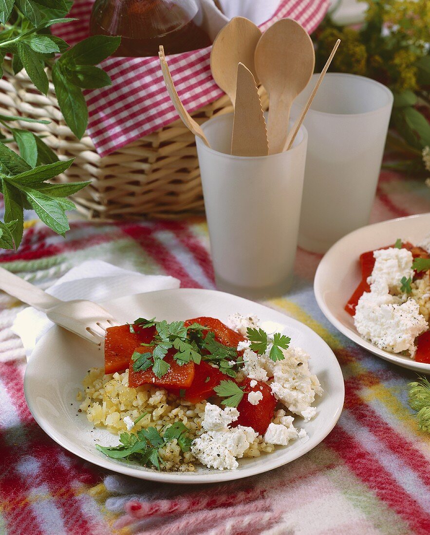 Bulgur and pepper salad with sheep's cheese and parsley