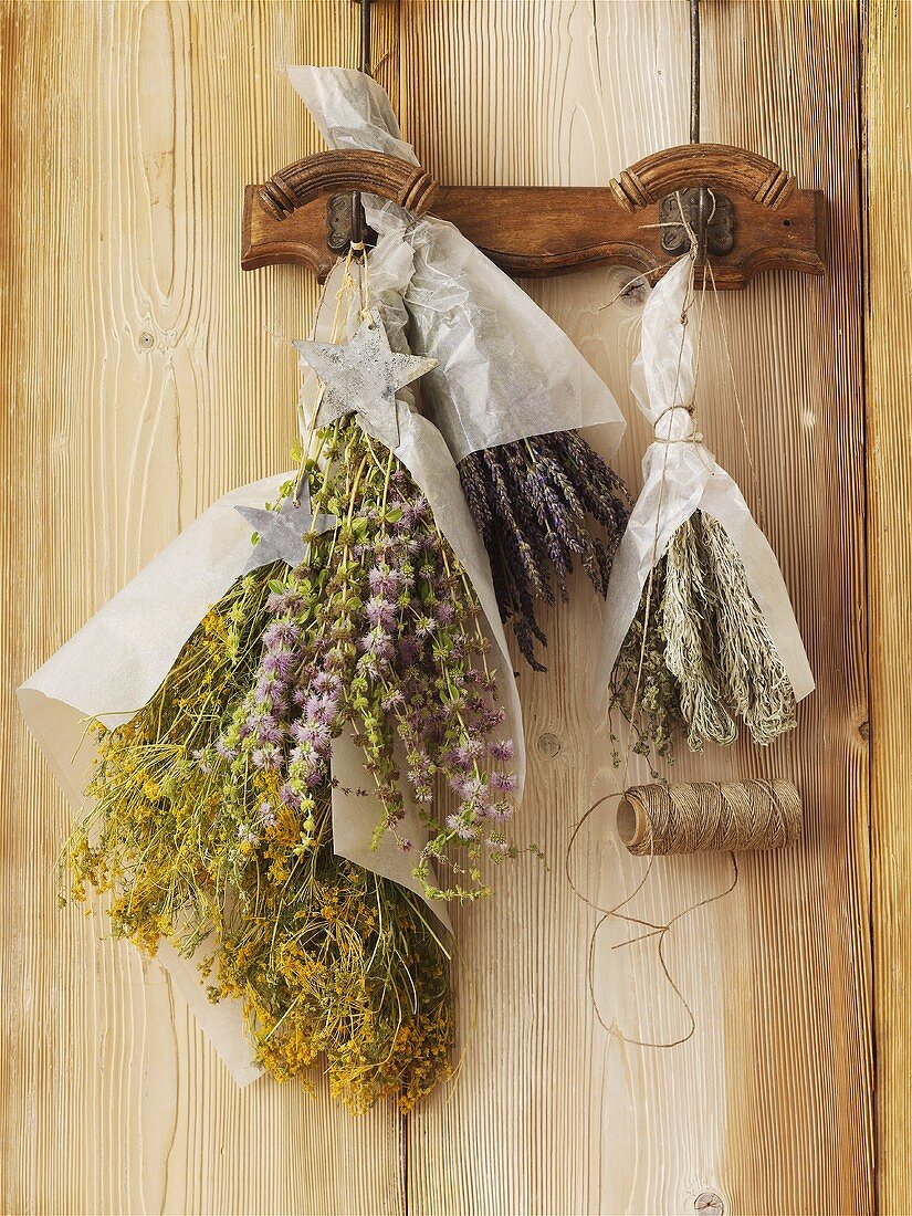 Various medicinal herbs hanging up to dry