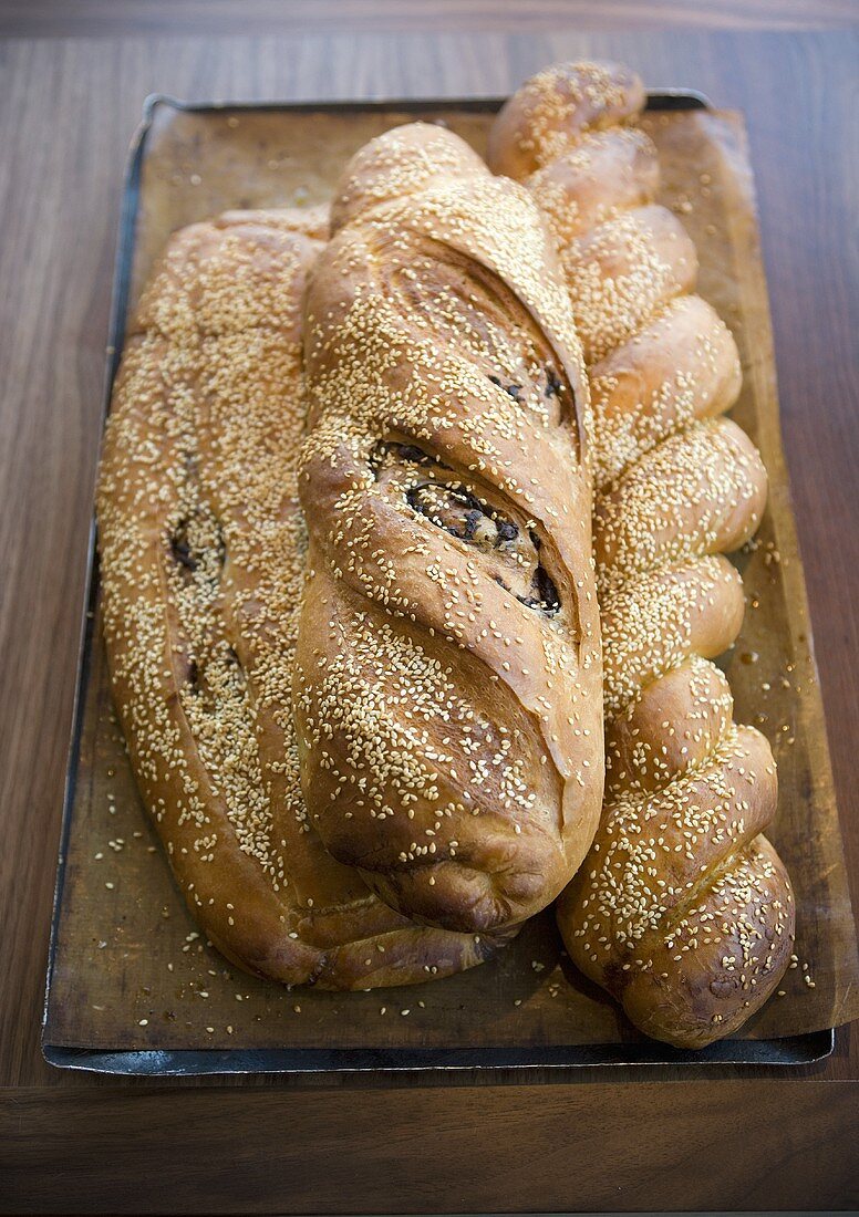 Three loaves of olive bread with sesame seeds on baking tray