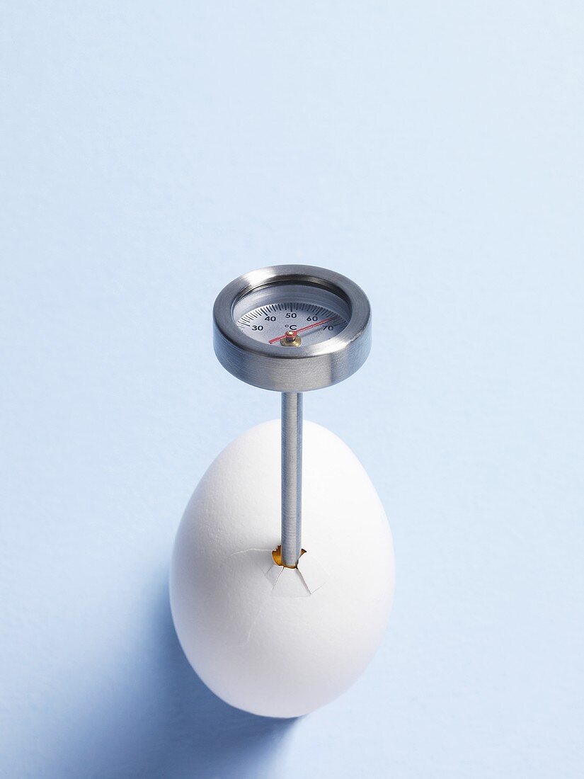 Ein gekochtes Ei mit einem Temperaturfühler