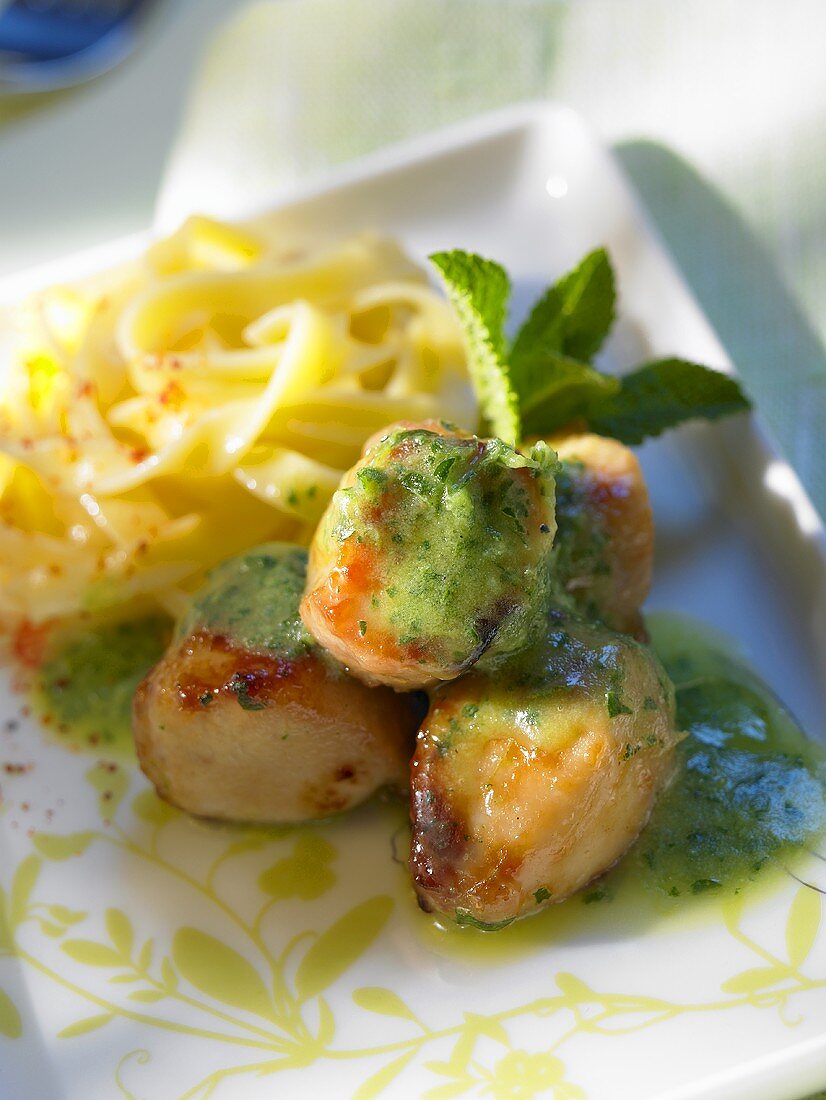 Roast rabbit with tagliatelle and mint butter