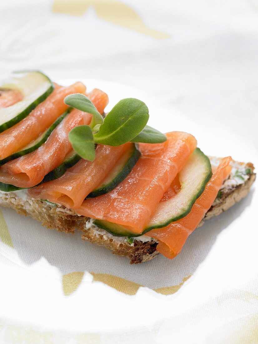 Marinated salmon and cucumber on bread