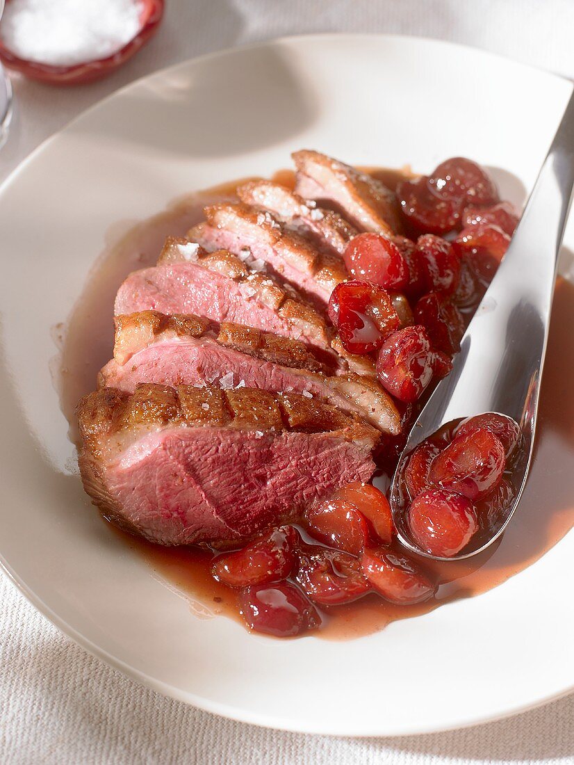 Roast duck breast in cherry sauce