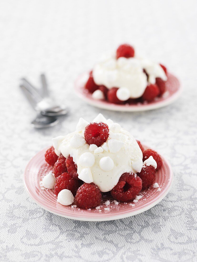 Fresh raspberries with vanilla cream and tiny meringues