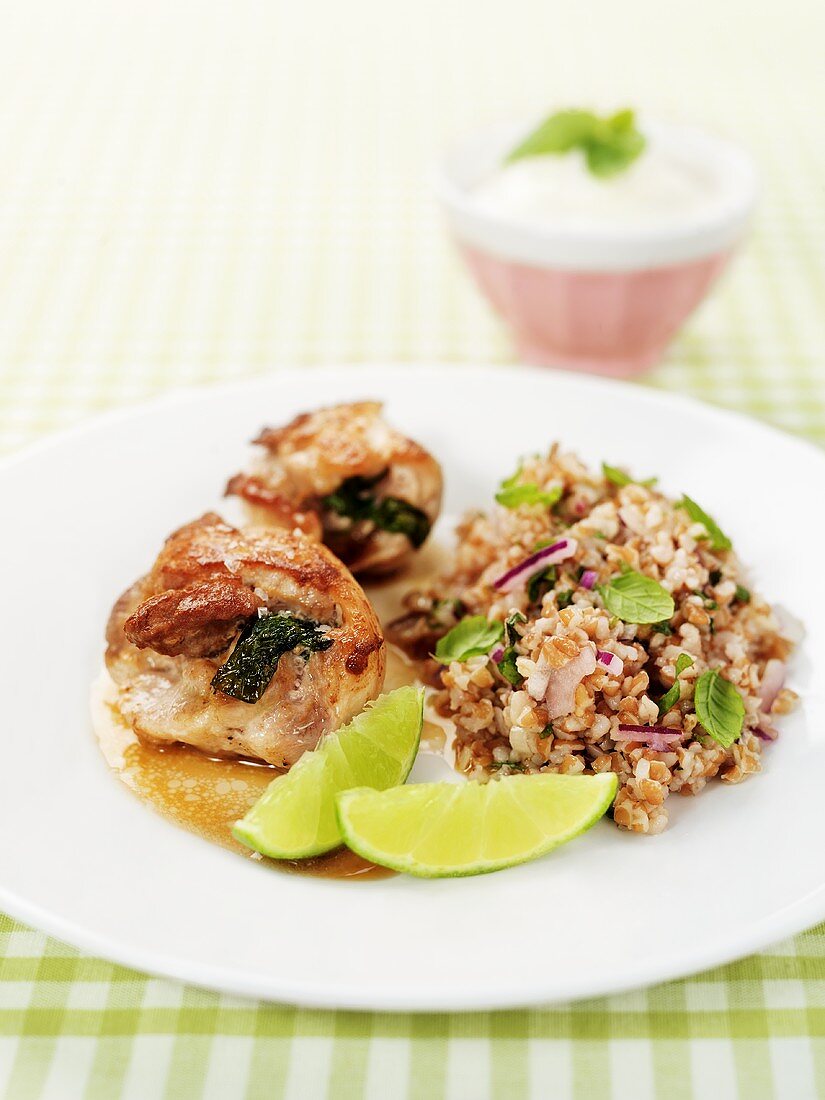 Chicken breast stuffed with ham and mint, brown rice