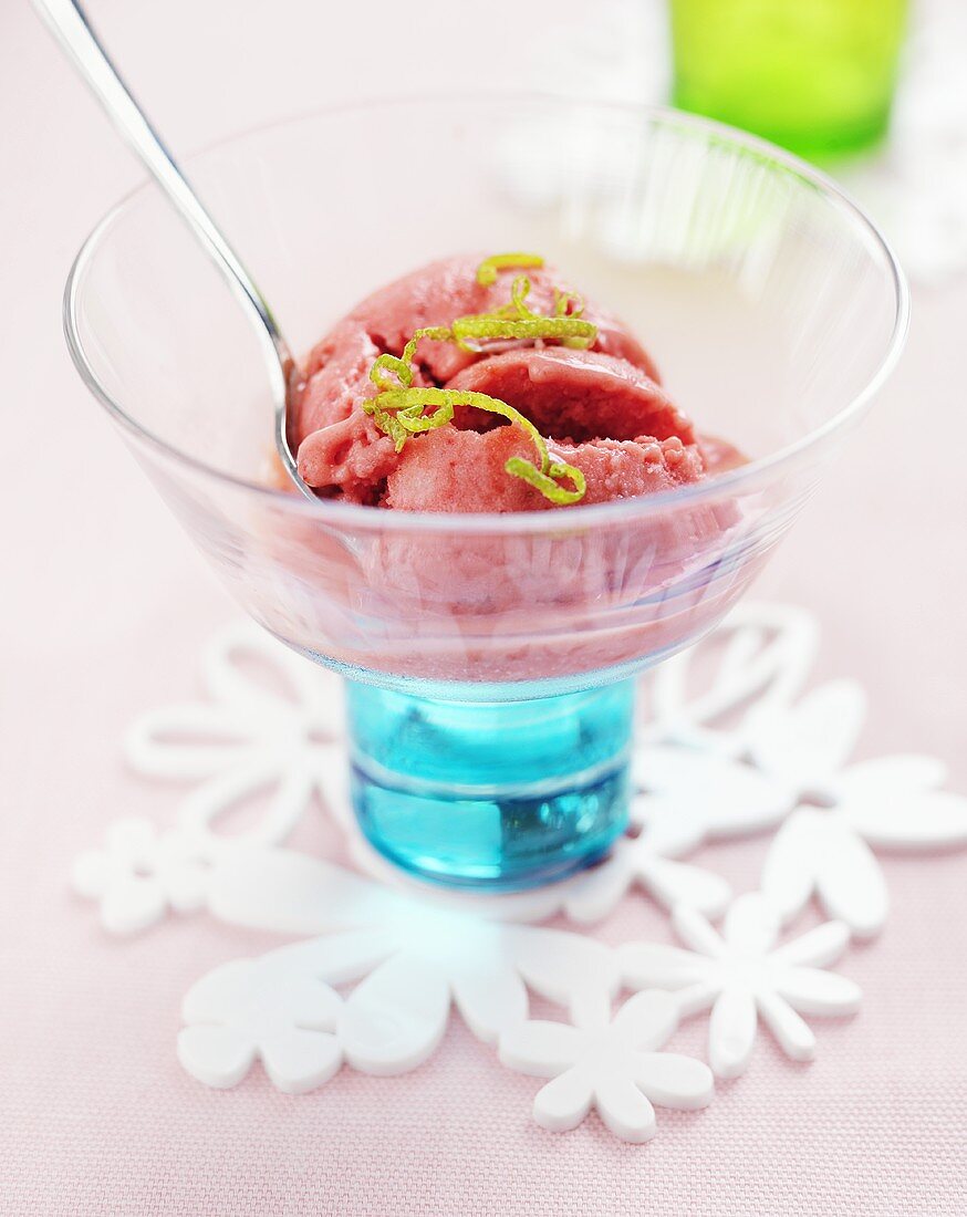 Raspberry and lime sorbet in a sundae glass